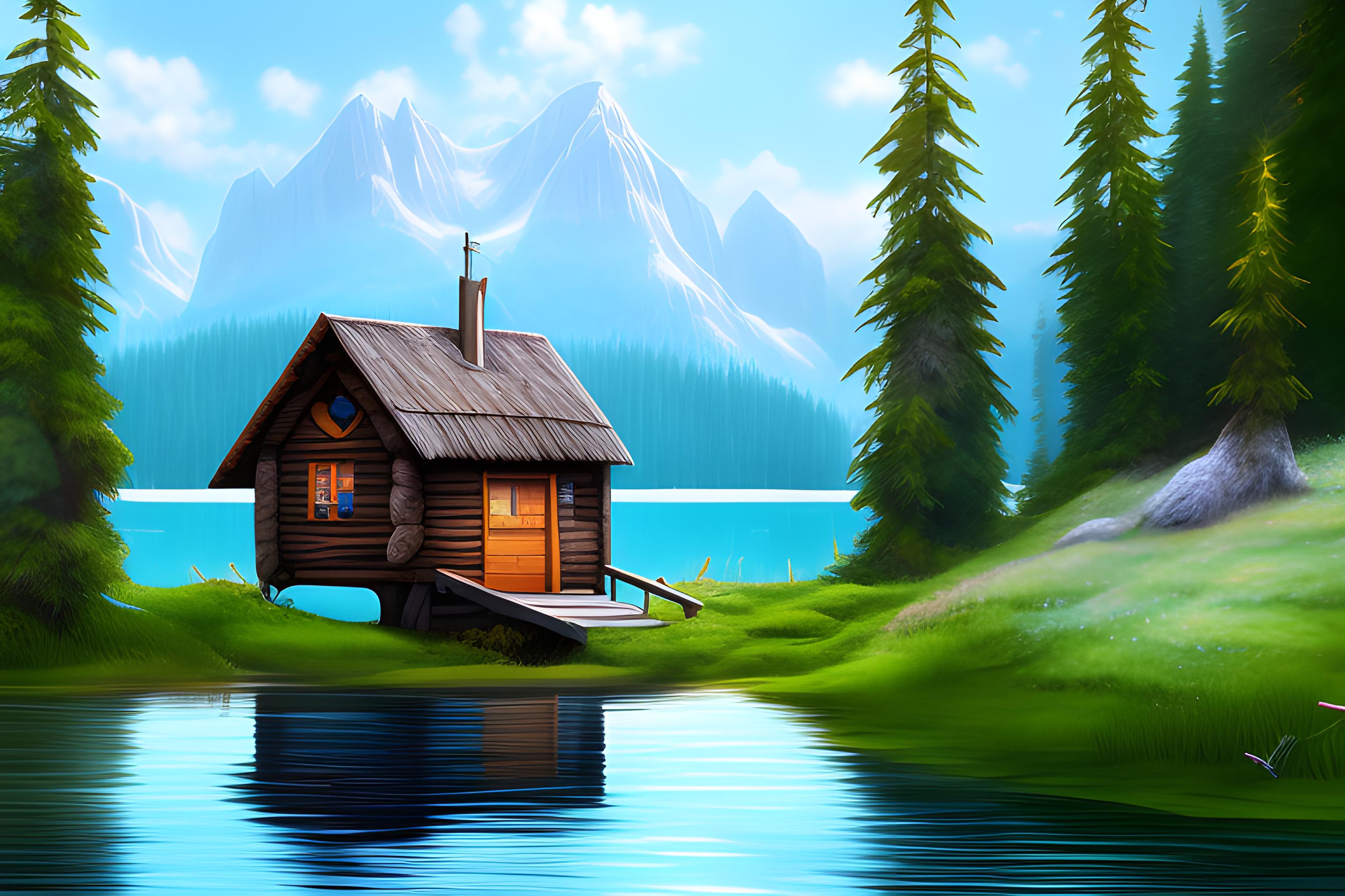 Une cabane au bord d'un lac entourée par la forêt et les montagnes